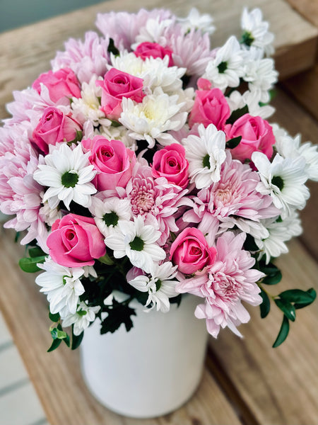 Pink roses with pink and white chrysanthemums stylish bouquet