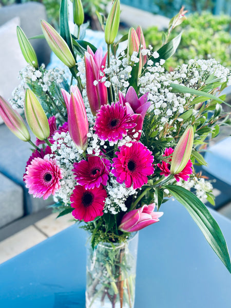 Pink Lily and Gerbera with baby’s breath bouquet