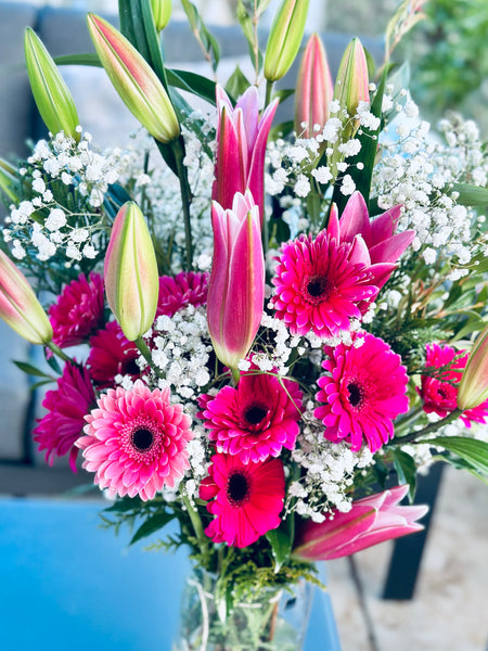 Pink Lily and Gerbera with baby’s breath bouquet