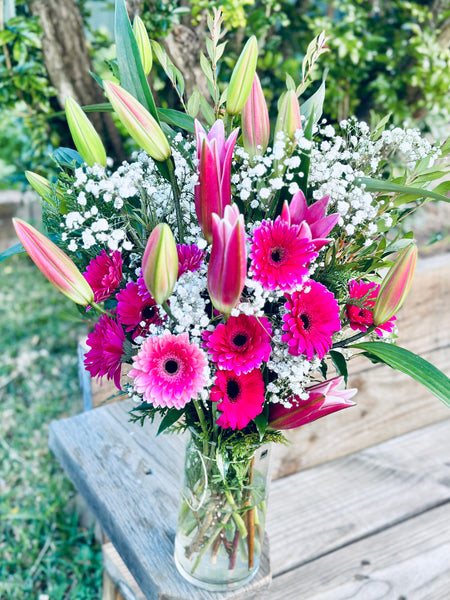 Pink Lily and Gerbera with baby’s breath bouquet