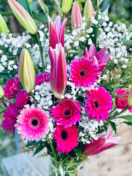 Pink Lily and Gerbera with baby’s breath bouquet