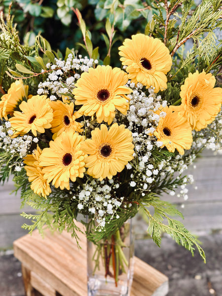 Yellow and white Gerbera and baby’s breath