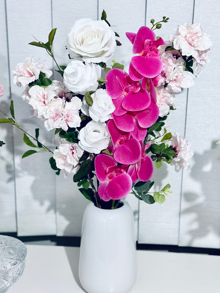 Hot pink Orchid cherry blossom and rose vase