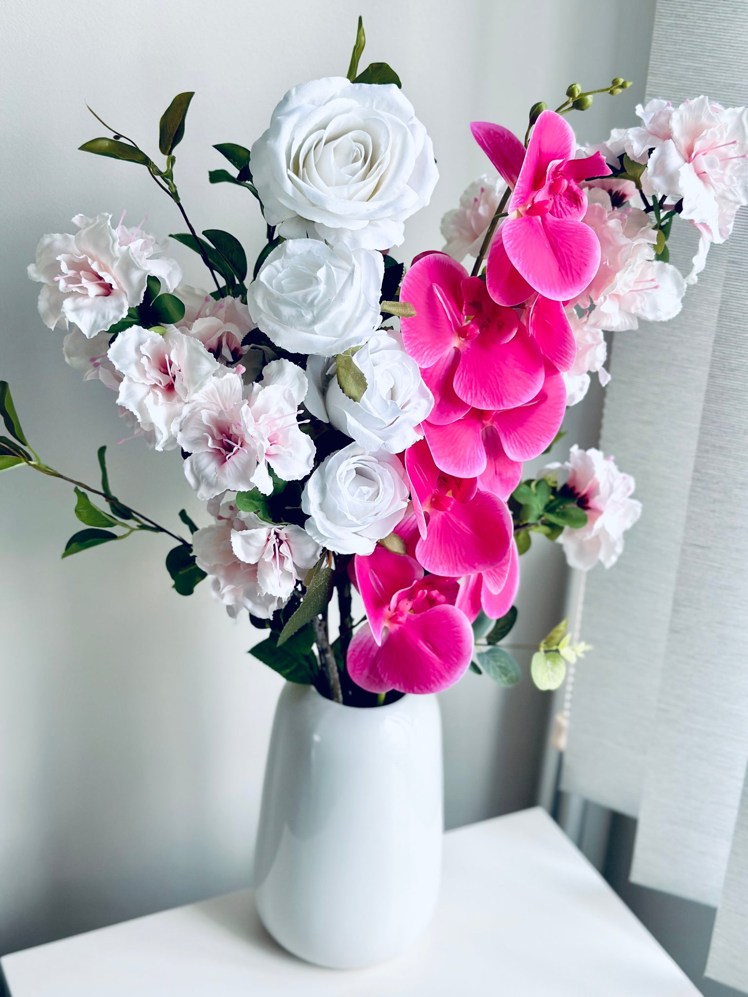 Hot pink Orchid cherry blossom and rose vase