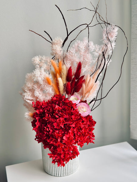 Vibrant red hydrangea dry flower vase