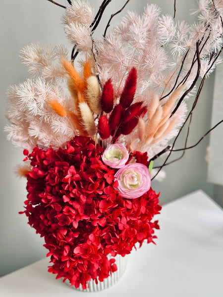 Vibrant red hydrangea dry flower vase