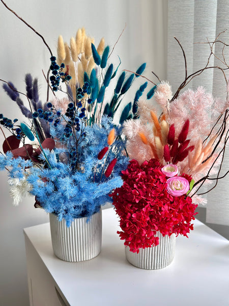 Vibrant red hydrangea dry flower vase