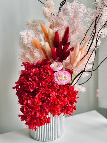 Vibrant red hydrangea dry flower vase