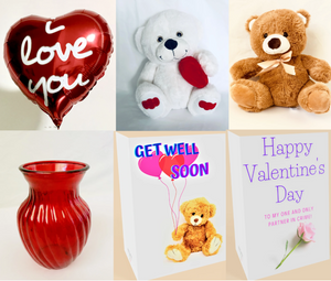 Balloons teddy bears vases greeting cards