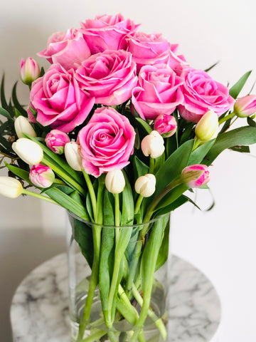 Sweet pink rose and tulips