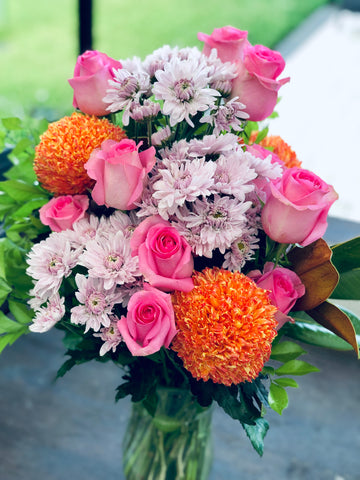 Deluxe pink rose and orange chrysanthemum bouquet