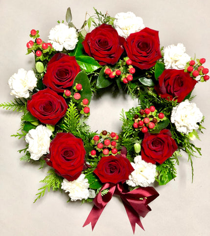 Red rose and white carnation sympathy wreath