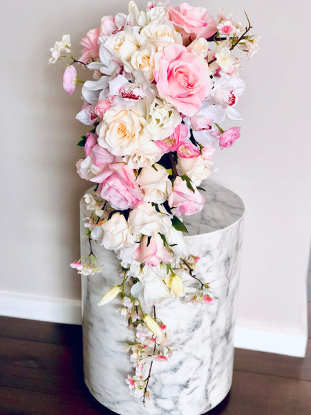 Silk rose, orchid and cherry blossom trailing bridal bouquet