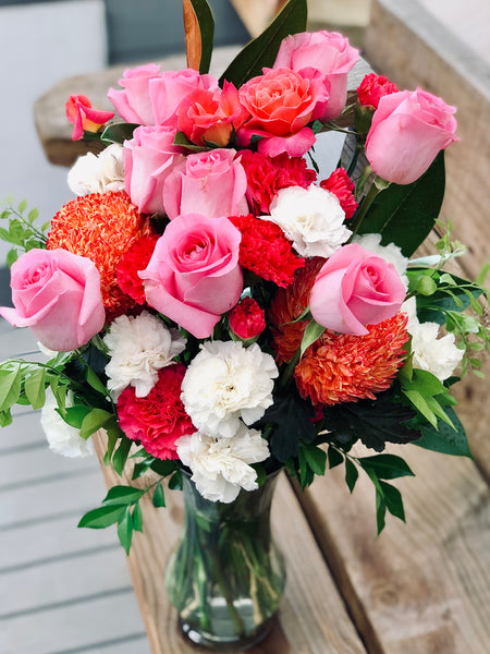 Deluxe pink rose and orange chrysanthemum bouquet