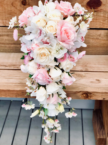 Silk rose, orchid and cherry blossom trailing bridal bouquet