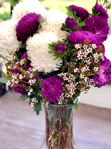 Purple Dahlia and white Chrysanthemums