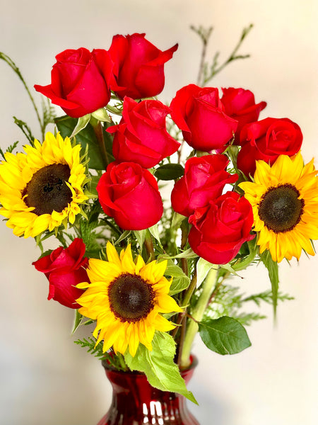 Sunflower and red rose bouquet