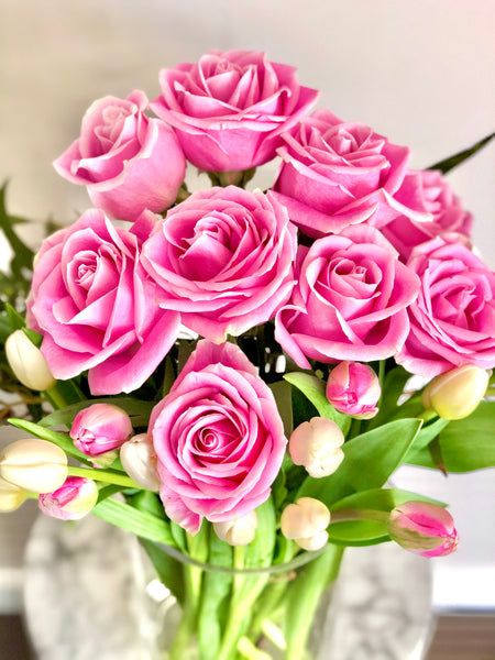 Sweet pink rose and tulips