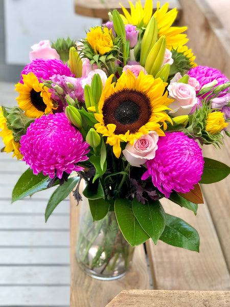 Deluxe sunflower, pink chrysanthemum and rose bouquet