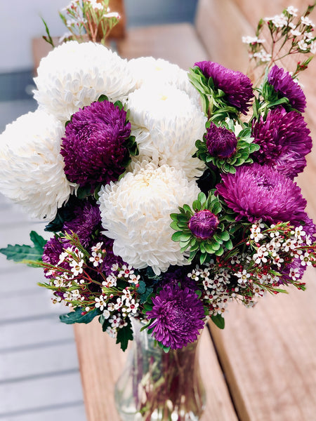 Purple Dahlia and white Chrysanthemums