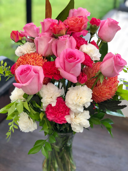 Deluxe pink rose and orange chrysanthemum bouquet