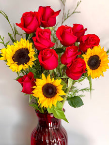 Sunflower and red rose bouquet