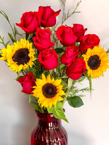 Sunflower and red rose bouquet