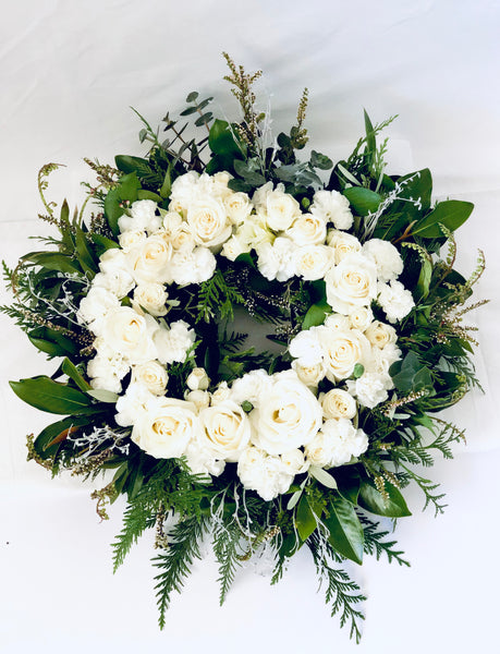 White roses funeral sympathy wreath