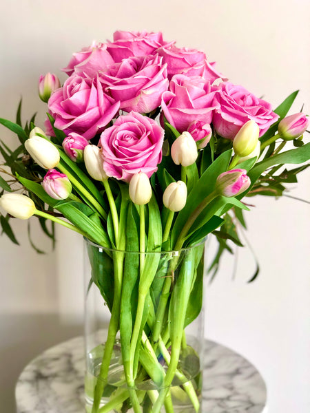 Sweet pink rose and tulips