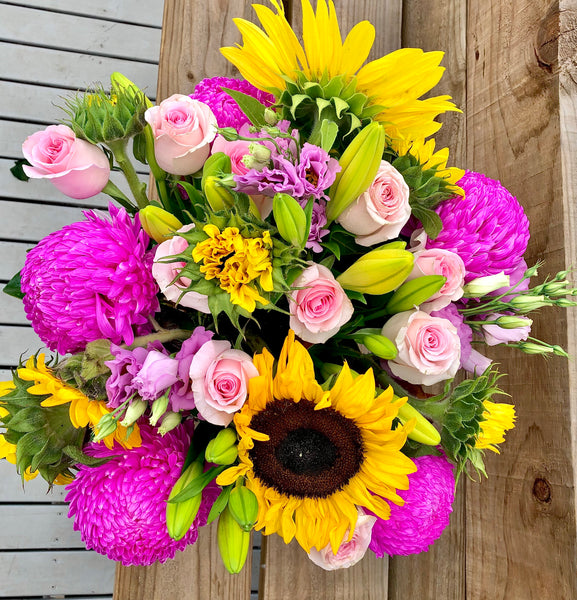 Deluxe sunflower, pink chrysanthemum and rose bouquet