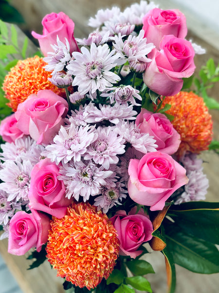 Deluxe pink rose and orange chrysanthemum bouquet