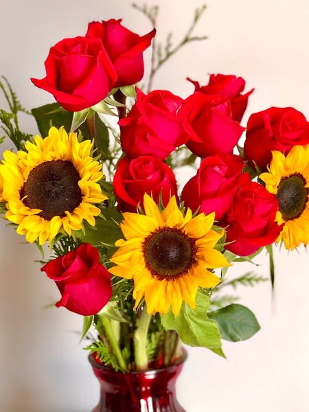 Sunflower and red rose bouquet