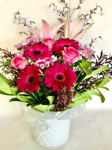 Gerbera and pink rose floral arrangement