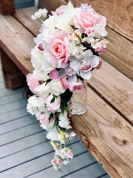 Silk rose, orchid and cherry blossom trailing bridal bouquet