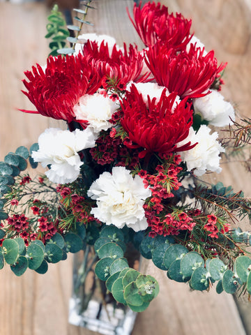 Red Chrysanthemum and white carnation bouquet