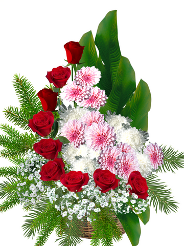Basket of red roses and chrysanthemums