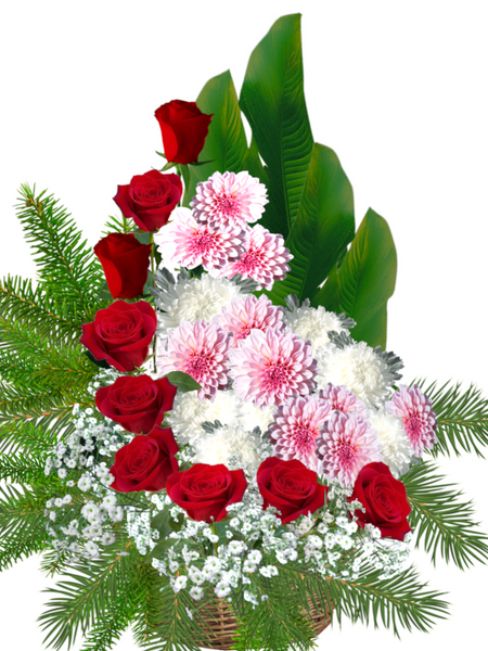 Basket of red roses and chrysanthemums