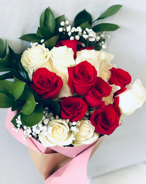 Mixed white and red rose bouquet