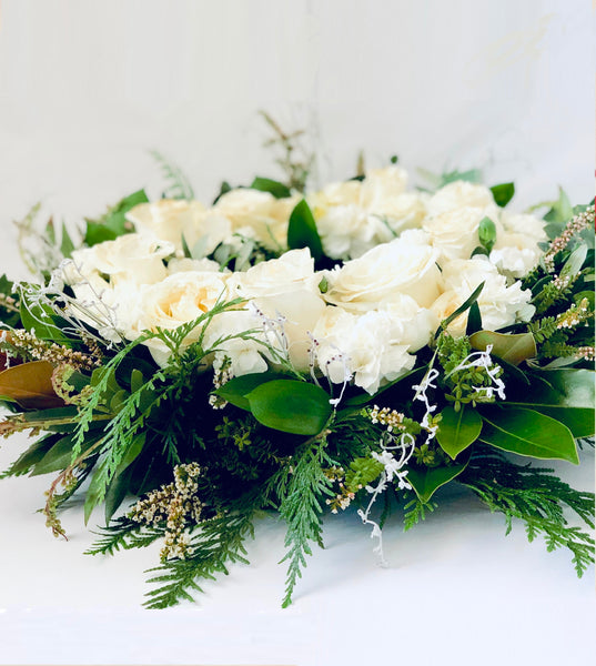 White roses sympathy wreath